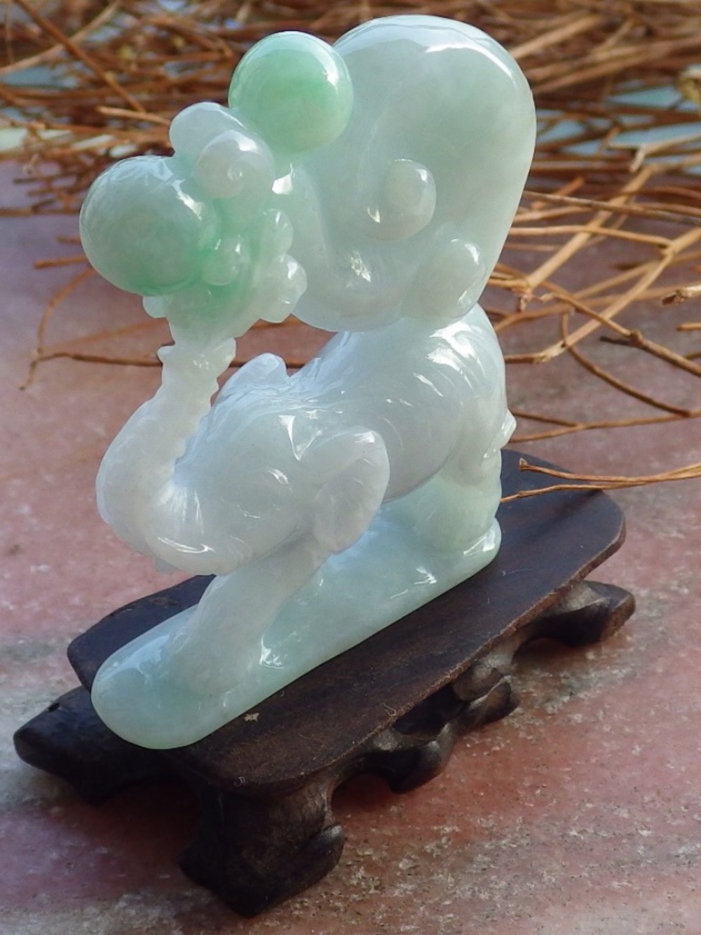 Certified Natural Green Burma A Jade jadeite Elephant Display with Wood Stand